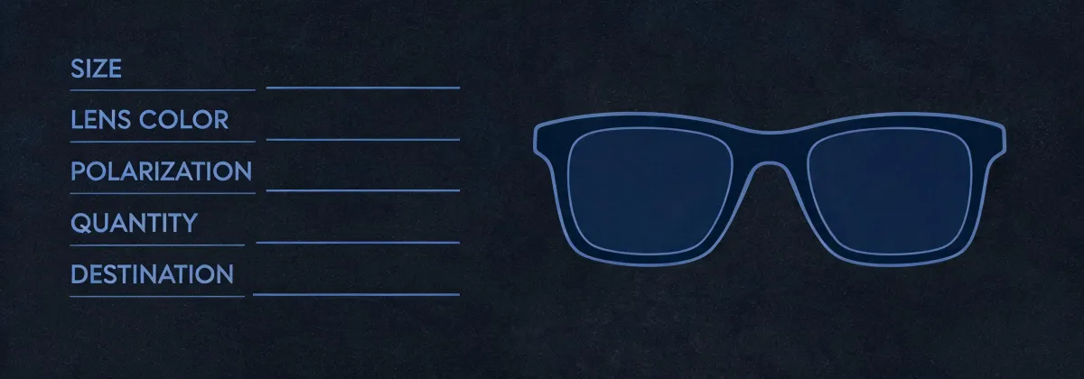 Specification checklist diagram for square sunglasses, not a mapped office