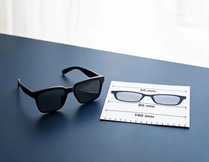 Square sunglasses samples beside a millimetre sizing chart on a sourcing desk