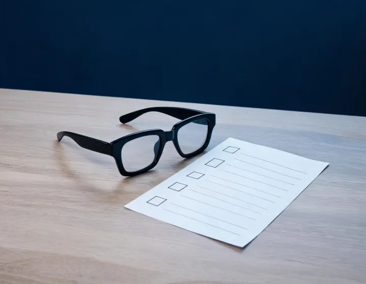 Oversized square sunglasses brief checklist on a sourcing desk